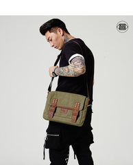 Black Canvas Leather Mens Side Bag Messenger Bags Army Green Canvas Courier Bag for Men