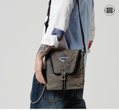 Vertical Waxed Canvas Leather Mens Gray Side Bag Messenger Bags Blue Waxed Canvas Courier Bag for Men