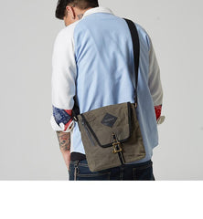 Vertical Waxed Canvas Leather Mens Gray Side Bag Messenger Bags Blue Waxed Canvas Courier Bag for Men