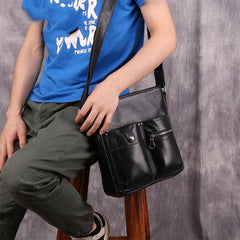 Casual Black LEATHER MENS 8 inches Vertical Messenger bag Black SIDE BAG Shoulder Bag Courier BAG FOR MEN