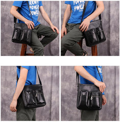 Casual Black LEATHER MENS 8 inches Vertical Messenger bag Black SIDE BAG Shoulder Bag Courier BAG FOR MEN
