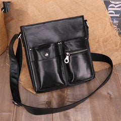 Casual Black LEATHER MENS 8 inches Vertical Messenger bag Black SIDE BAG Shoulder Bag Courier BAG FOR MEN