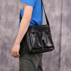 Casual Black LEATHER MENS 8 inches Vertical Messenger bag Black SIDE BAG Shoulder Bag Courier BAG FOR MEN