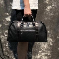 Casual Black Leather Men's 13 inches Overnight Bag Small Travel Bag Luggage Weekender Bag For Men