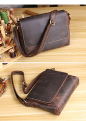 Cool Black Leather Mens 10 inches Courier Bags Coffee Brown Messenger Bags Postman Bag For Men - imessengerbags