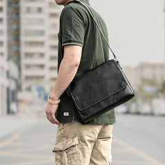 Cool Black Leather Mens 10 inches Courier Bags Coffee Brown Messenger Bags Postman Bag For Men - imessengerbags