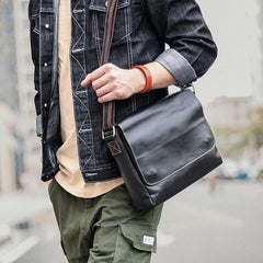 Cool Black Leather Mens 10 inches Courier Bags Coffee Brown Messenger Bags Postman Bag For Men - imessengerbags