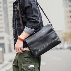 Cool Black Leather Mens 10 inches Courier Bags Coffee Brown Messenger Bags Postman Bag For Men - imessengerbags