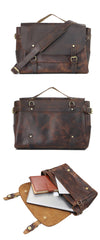 Vintage Dark Brown Leather Mens 14 inches Briefcase Black Work Briefcase Handbag For Men - imessengerbags