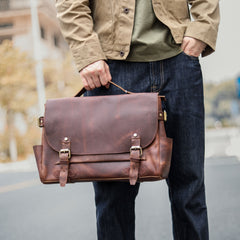 Vintage Dark Brown Leather Mens 14 inches Briefcase Black Work Briefcase Handbag For Men