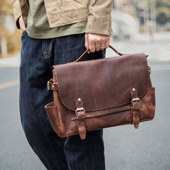 Vintage Dark Brown Leather Mens 14 inches Briefcase Black Work Briefcase Handbag For Men - imessengerbags