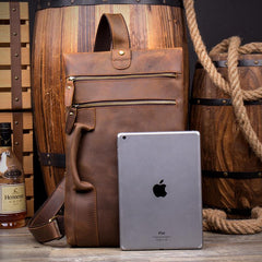 Casual Brown Leather Mens Large Sling Pack Sling Bag Chest Bag One Shoulder Backpacks for Men - imessengerbags