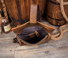 Casual Brown Leather Mens Large Sling Pack Sling Bag Chest Bag One Shoulder Backpacks for Men - imessengerbags