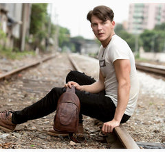 Casual Leather Brown Mens Sling Pack Sling Bags Chest Bag One Shoulder Backpack for Men