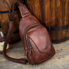 Casual Leather Brown Mens Sling Pack Sling Bags Chest Bag One Shoulder Backpack for Men - imessengerbags
