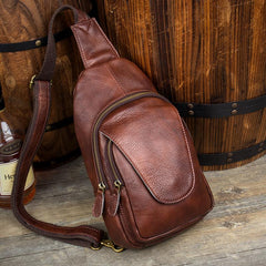 Casual Leather Brown Mens Sling Pack Sling Bags Chest Bag One Shoulder Backpack for Men