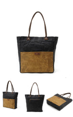 Casual Canvas Leather Black Ladies Mens Shopping Bag Tote Bag Shoulder Bag Tote Purse For Women - imessengerbags