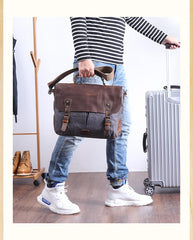 Casual Canvas Leather Mens Khaki Handbag 14'' Side Bag Gray Messenger Bag For Men - imessengerbags