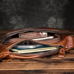 Cool Brown Leather Men's Sling Bag Chest Bag One Shoulder Backpack For Men - imessengerbags