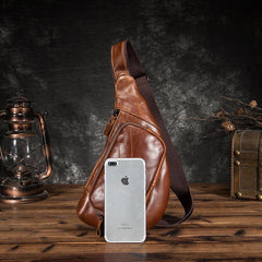 Cool Brown Leather Men's Sling Bag Chest Bag One Shoulder Backpack For Men - imessengerbags
