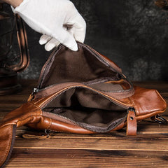 Cool Brown Leather Men's Sling Bag Chest Bag One Shoulder Backpack For Men - imessengerbags
