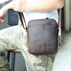 Casual Leather Brown Mens Vintage Small Side Bag Vertical Messenger Bag Shoulder Bags For Men - imessengerbags