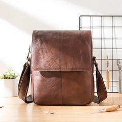Casual Leather Mens 8 inches Vertical Side Bag Brown Messenger Bags Postman Bag for Men - imessengerbags