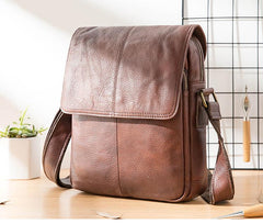 Casual Leather Mens 8 inches Vertical Side Bag Brown Messenger Bags Postman Bag for Men