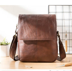 Casual Leather Mens 8 inches Vertical Side Bag Brown Messenger Bags Postman Bag for Men - imessengerbags