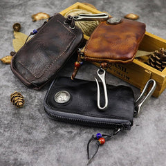 Vintage Brown Leather Men's Car Key Wallet Black Zipper Key Wallet For Men - imessengerbags