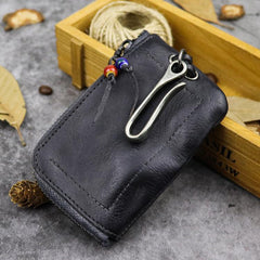 Vintage Brown Leather Men's Car Key Wallet Black Zipper Key Wallet For Men - imessengerbags