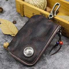 Vintage Brown Leather Men's Car Key Wallet Black Zipper Key Wallet For Men - imessengerbags