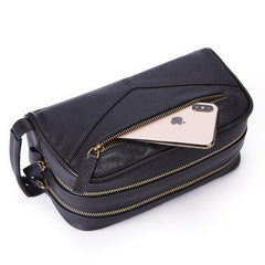 Casual Black Leather Men's Wristlet Bag Double Zipper Clutch Bag For Men - imessengerbags