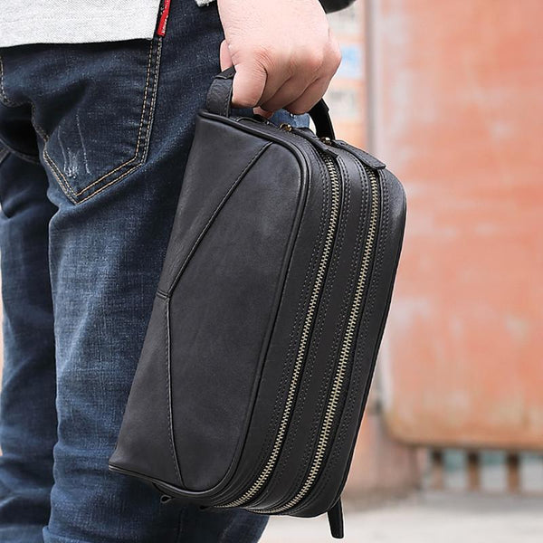 Casual Black Leather Men's Wristlet Bag Double Zipper Clutch Bag For Men - imessengerbags