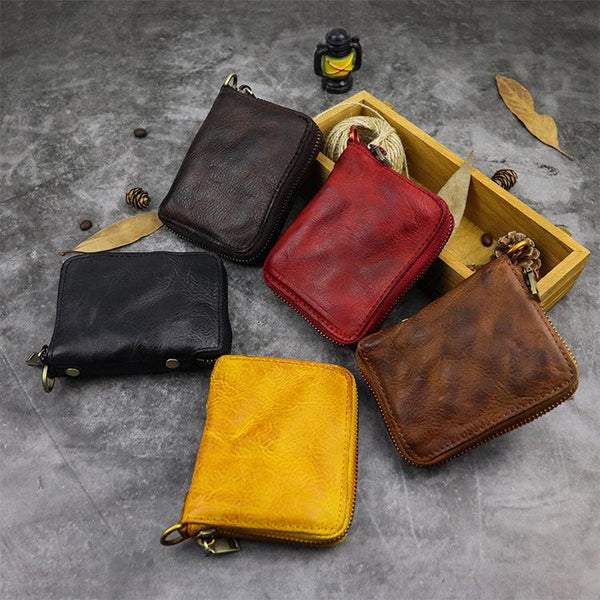 Vintage Leather Brown Men's Bifold Small Wallet Black Zipper billfold Wallet For Men - imessengerbags