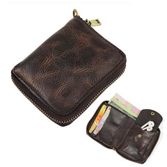 Vintage Leather Brown Men's Bifold Small Wallet Black Zipper billfold Wallet For Men - imessengerbags
