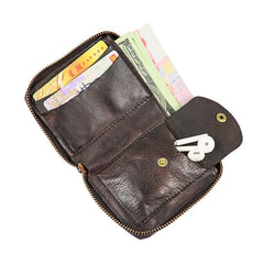 Vintage Leather Brown Men's Bifold Small Wallet Black Zipper billfold Wallet For Men - imessengerbags