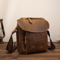 Vintage Brown Leather Men's Small Vertical Side Bag Small Messenger Bag For Men