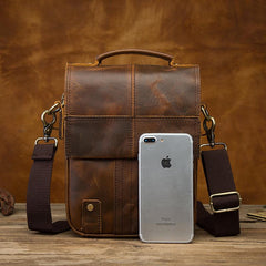 Vintage Brown Leather Mens Small Vertical Side Bags Courier Bag Messenger Bag For Men - imessengerbags
