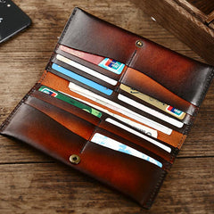 Casual Retro Leather Mens Wine Red Slim Long Wallet Light Beige Bifold Card Wallet Clutch Wallet For Men - imessengerbags