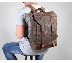 Casual Men's Waxed Canvas Brown School Travel Backpack Laptop Backpack For Men - imessengerbags
