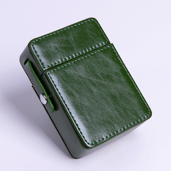 Classic Eco Leather Mens 20pcs Cigarette Holder Case with lighter holder Green Cigarette Case for Men