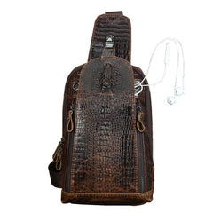 Crocodile Pattern Leather Backpack Men's Sling Bag Chest Bag Coffee One shoulder Backpack Sling Pack For Men