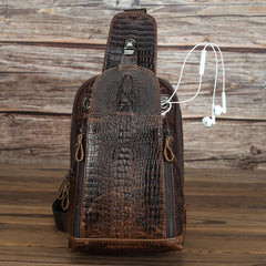 Crocodile Pattern Leather Backpack Men's Sling Bag Chest Bag Coffee One shoulder Backpack Sling Pack For Men - imessengerbags