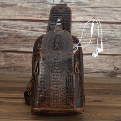 Crocodile Pattern Leather Backpack Men's Sling Bag Chest Bag Coffee One shoulder Backpack Sling Pack For Men