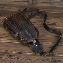 Crocodile Pattern Leather Backpack Men's Sling Bag Chest Bag Coffee One shoulder Backpack Sling Pack For Men