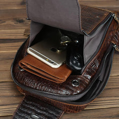 Crocodile Pattern Leather Backpack Men's Sling Bag Chest Bag Coffee One shoulder Backpack Sling Pack For Men - imessengerbags