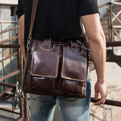 Cool Coffee Leather Mens 13 inches Vertical Briefcase Side Bag Messenger Bags Work Bags Courier Bag for Men - imessengerbags