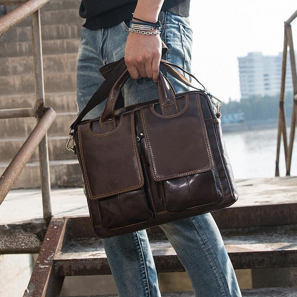 Cool Coffee Leather Mens 13 inches Vertical Briefcase Side Bag Messenger Bags Work Bags Courier Bag for Men