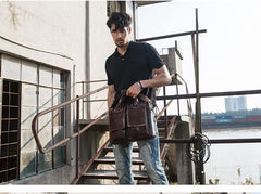 Cool Coffee Leather Mens 13 inches Vertical Briefcase Side Bag Messenger Bags Work Bags Courier Bag for Men - imessengerbags